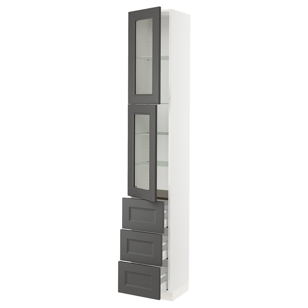 SEKTION / MAXIMERA Gabinete alto+2 puertas vidrio/3 cj, blanco/Axstad gris oscuro, 15x15x90 "