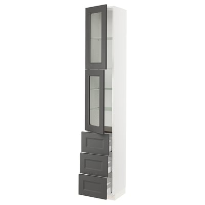SEKTION / MAXIMERA Gabinete alto+2 puertas vidrio/3 cj, blanco/Axstad gris oscuro, 15x15x90 "