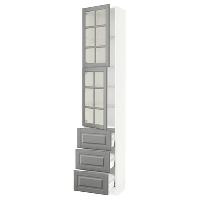 SEKTION / MAXIMERA Gabinete alto+2 puertas vidrio/3 cj, blanco/Bodbyn gris, 18x15x90 "