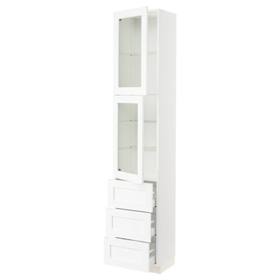 SEKTION / MAXIMERA Gabinete alto+2 puertas vidrio/3 cj, blanco Enköping/blanco efecto madera, 18x15x90 "