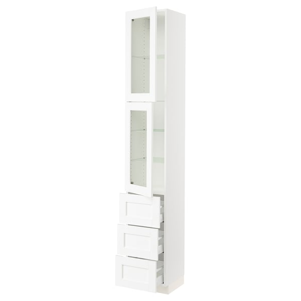 SEKTION / MAXIMERA Gabinete alto+2 puertas vidrio/3 cj, blanco Enköping/blanco efecto madera, 15x15x90 "