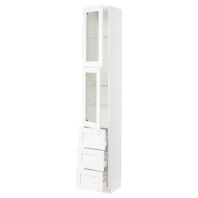 SEKTION / MAXIMERA Gabinete alto+2 puertas vidrio/3 cj, blanco Enköping/blanco efecto madera, 15x15x90 "