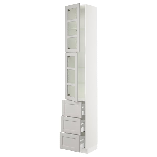 SEKTION / MAXIMERA Gabinete alto+2 puertas vidrio/3 cj, blanco/Lerhyttan gris claro, 15x15x90 "
