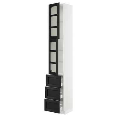 SEKTION / MAXIMERA Gabinete alto+2 puertas vidrio/3 cj, blanco/Lerhyttan teñido en negro, 15x15x90 "