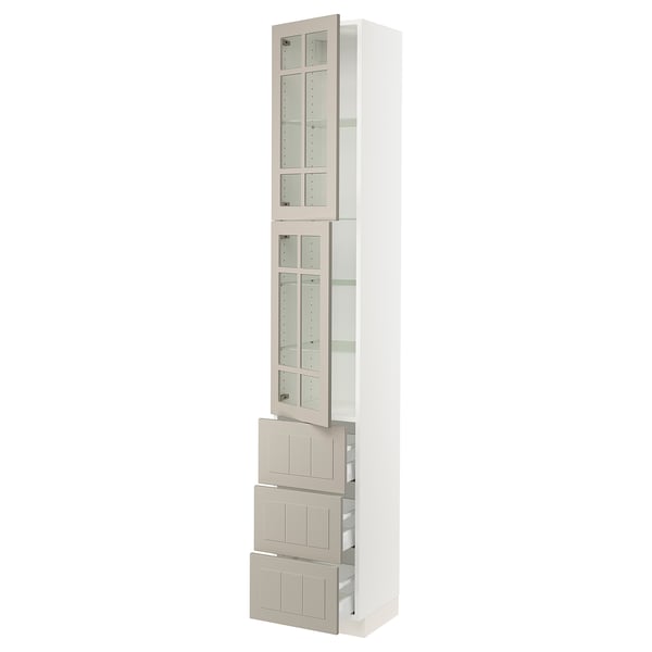 SEKTION / MAXIMERA Gabinete alto+2 puertas vidrio/3 cj, blanco/Stensund beige, 15x15x90 "