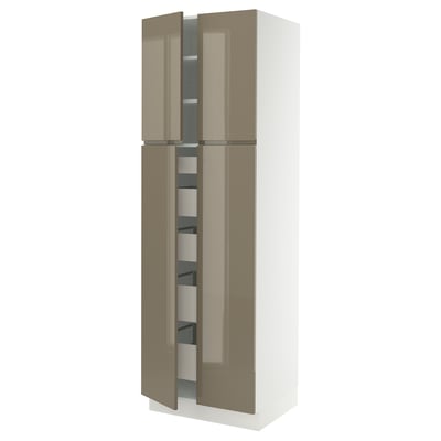 SEKTION / MAXIMERA Gabinete alto+4 puertas vidrio/5 cj, blanco/Voxtorp marrón grisáceo oscuro alto brillo, 30x24x90 "