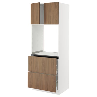SEKTION / MAXIMERA Gabinete alto horno+2 cajones/2 pt, blanco/Tistorp efecto nogal marrón, 30x24x80 "