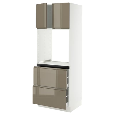 SEKTION / MAXIMERA Gabinete alto horno+2 cajones/2 pt, blanco/Voxtorp marrón grisáceo oscuro alto brillo, 30x24x80 "