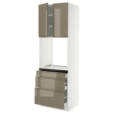 SEKTION / MAXIMERA Gabinete alto horno+3 cajones/2 pt, blanco/Voxtorp marrón grisáceo oscuro alto brillo, 30x24x90 "