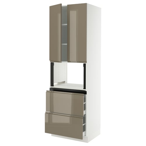 SEKTION / MAXIMERA Gabinete alto micro+2cajones/2prta, blanco/Voxtorp marrón grisáceo oscuro alto brillo, 30x24x90 "