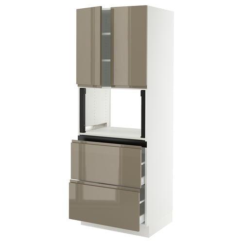 SEKTION / MAXIMERA Gabinete alto micro+2cajones/2prta, blanco/Voxtorp marrón grisáceo oscuro alto brillo, 30x24x80 "