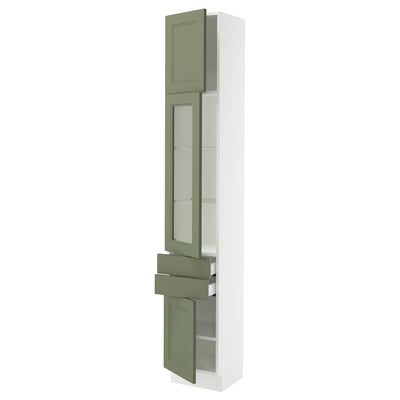 SEKTION / MAXIMERA Gabinete alto+pt vidrio/2 cjn/2 pt, blanco/Axstad gris-verde, 15x15x90 "