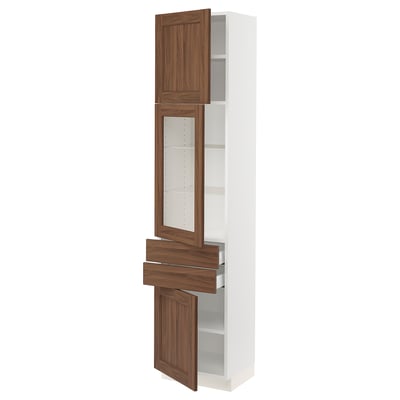 SEKTION / MAXIMERA Gabinete alto+pt vidrio/2 cjn/2 pt, blanco Enköping/marrón efecto de nogal, 18x15x80 "