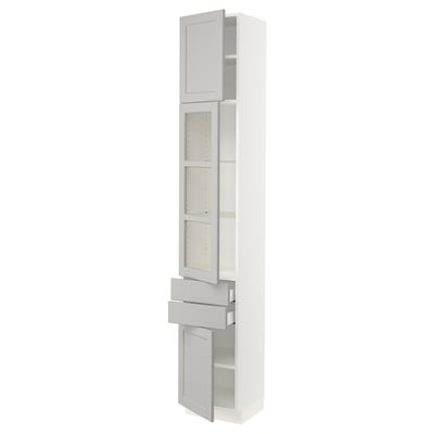 SEKTION / MAXIMERA Gabinete alto+pt vidrio/2 cjn/2 pt, blanco/Lerhyttan gris claro, 15x15x90 "