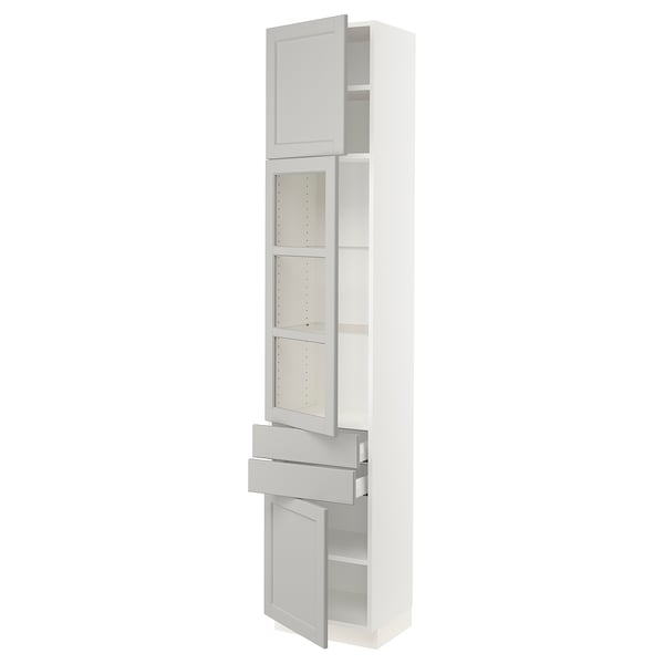 SEKTION / MAXIMERA Gabinete alto+pt vidrio/2 cjn/2 pt, blanco/Lerhyttan gris claro, 18x15x90 "