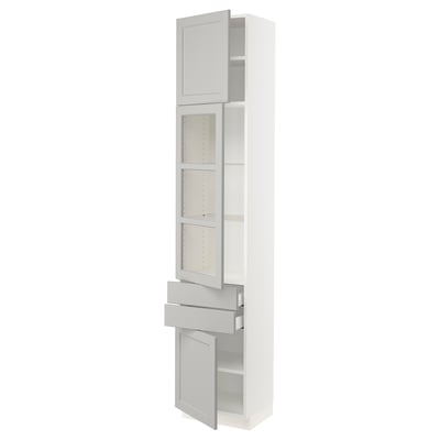 SEKTION / MAXIMERA Gabinete alto+pt vidrio/2 cjn/2 pt, blanco/Lerhyttan gris claro, 18x15x90 "