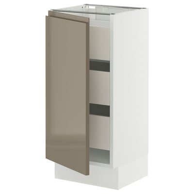 SEKTION / MAXIMERA Gabinete bajo+1 puerta/3 cajones, blanco/Voxtorp marrón grisáceo oscuro alto brillo, 15x15x30 "