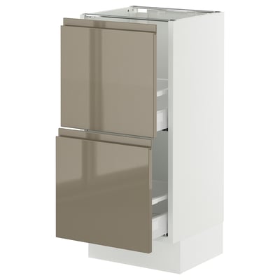 SEKTION / MAXIMERA Gabinete bajo+2 cajones, blanco/Voxtorp marrón grisáceo oscuro alto brillo, 15x15x30 "