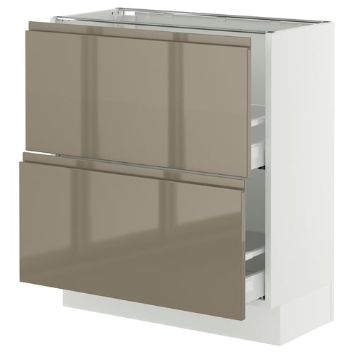 SEKTION / MAXIMERA Gabinete bajo+2 cajones, blanco/Voxtorp marrón grisáceo oscuro alto brillo, 30x15x30 "