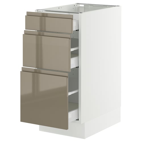 SEKTION / MAXIMERA Gabinete bajo+2 cajones, blanco/Voxtorp marrón grisáceo oscuro alto brillo, 15x24x30 "
