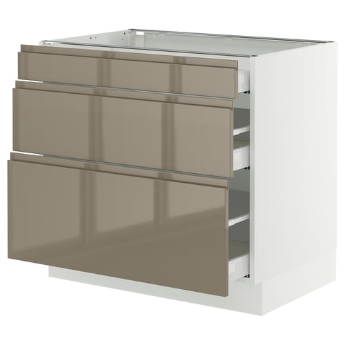 SEKTION / MAXIMERA Gabinete bajo+2 cajones, blanco/Voxtorp marrón grisáceo oscuro alto brillo, 36x24x30 "