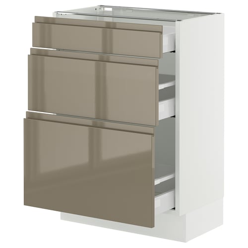 SEKTION / MAXIMERA Gabinete bajo+2 cajones, blanco/Voxtorp marrón grisáceo oscuro alto brillo, 24x15x30 "