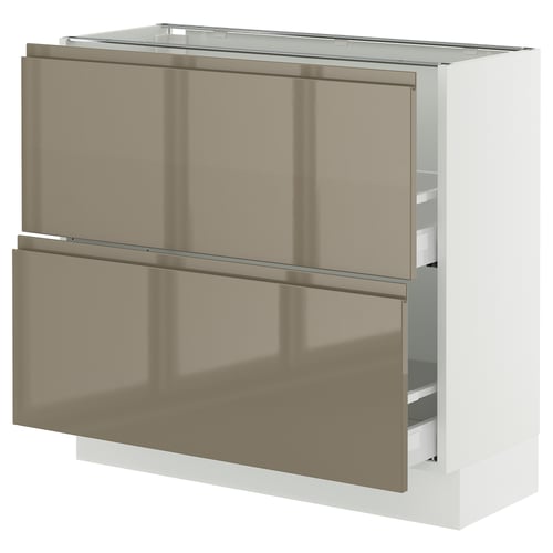 SEKTION / MAXIMERA Gabinete bajo+2 cajones, blanco/Voxtorp marrón grisáceo oscuro alto brillo, 36x15x30 "