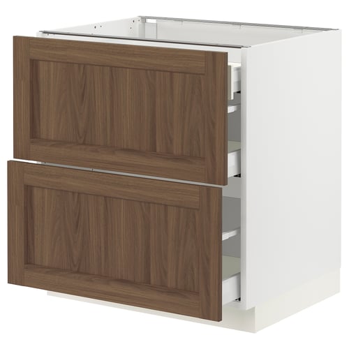 SEKTION / MAXIMERA Gabinete bajo+2 frentes/3 cajones, blanco Enköping/marrón efecto de nogal, 30x24x30 "