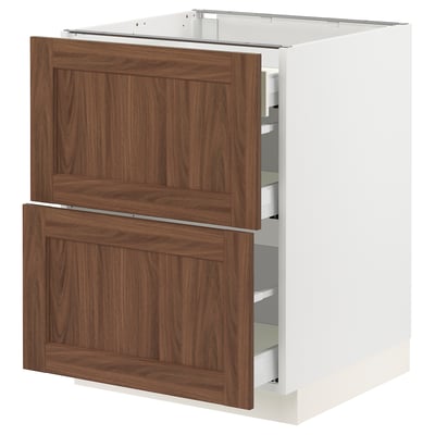 SEKTION / MAXIMERA Gabinete bajo+2 frentes/3 cajones, blanco Enköping/marrón efecto de nogal, 24x24x30 "