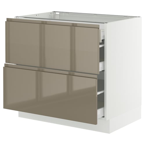 SEKTION / MAXIMERA Gabinete bajo+2 frentes/3 cajones, blanco/Voxtorp marrón grisáceo oscuro alto brillo, 36x24x30 "