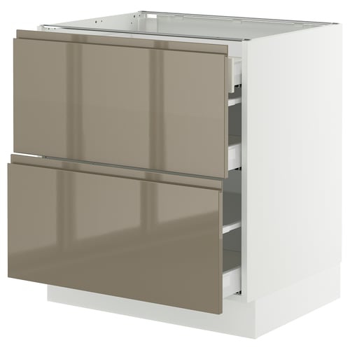 SEKTION / MAXIMERA Gabinete bajo+2 frentes/3 cajones, blanco/Voxtorp marrón grisáceo oscuro alto brillo, 30x24x30 "