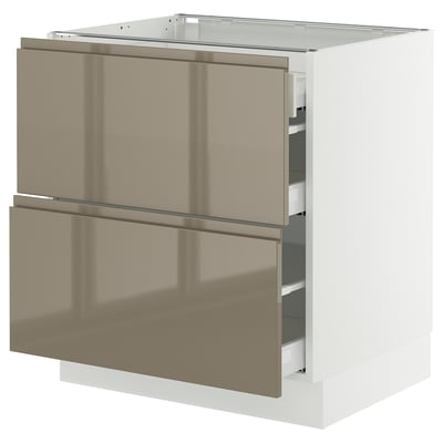 SEKTION / MAXIMERA Gabinete bajo+2 frentes/3 cajones, blanco/Voxtorp marrón grisáceo oscuro alto brillo, 30x24x30 "