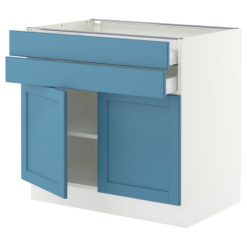 SEKTION / MAXIMERA Gabinete bajo+2 puertas/2 cajones, blanco/Lerhyttan azul, 36x24x30 "