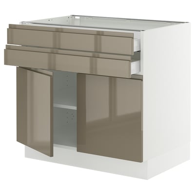SEKTION / MAXIMERA Gabinete bajo+2 puertas/2 cajones, blanco/Voxtorp marrón grisáceo oscuro alto brillo, 36x24x30 "