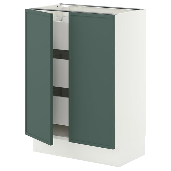 SEKTION / MAXIMERA Gabinete bajo+2 puertas/3 cajones, blanco/Aspudden gris verdoso oscuro, 24x15x30 "