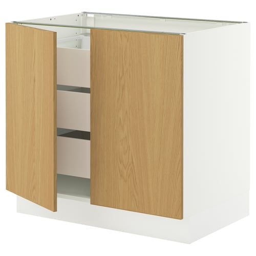 SEKTION / MAXIMERA Gabinete bajo+2 puertas/3 cajones, blanco/Sinarp chapa de roble, 36x24x30 "