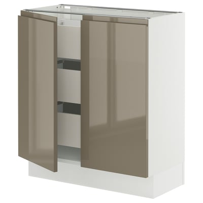 SEKTION / MAXIMERA Gabinete bajo+2 puertas/3 cajones, blanco/Voxtorp marrón grisáceo oscuro alto brillo, 30x15x30 "