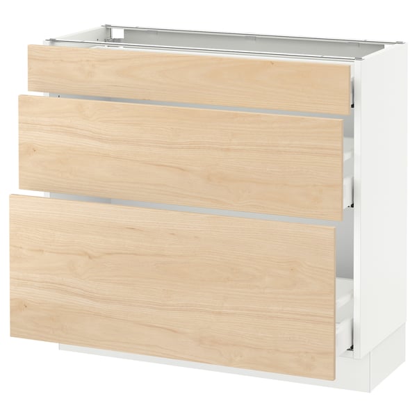 SEKTION / MAXIMERA Gabinete bajo+3 cajones, blanco/Askersund efecto de fresno claro, 36x15x30 "