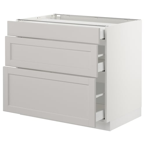 SEKTION / MAXIMERA Gabinete bajo+3 cajones, blanco/Lerhyttan gris claro, 36x24x30 "