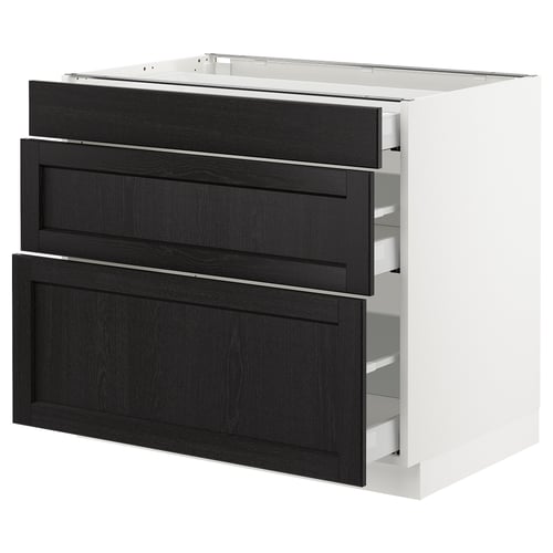 SEKTION / MAXIMERA Gabinete bajo+3 cajones, blanco/Lerhyttan teñido en negro, 36x24x30 "