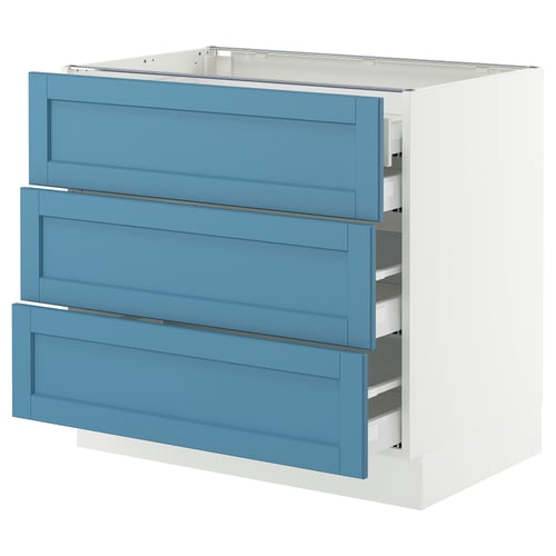 SEKTION / MAXIMERA Gabinete bajo+3 frentes/4 cajones, blanco/Lerhyttan azul, 36x24x30 "