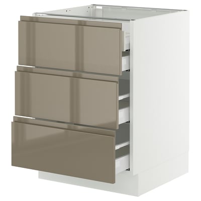 SEKTION / MAXIMERA Gabinete bajo+3 frentes/4 cajones, blanco/Voxtorp marrón grisáceo oscuro alto brillo, 24x24x30 "