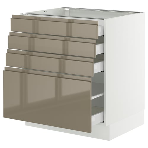 SEKTION / MAXIMERA Gabinete bajo+4 cajones, blanco/Voxtorp marrón grisáceo oscuro alto brillo, 30x24x30 "