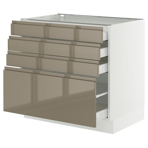 SEKTION / MAXIMERA Gabinete bajo+4 cajones, blanco/Voxtorp marrón grisáceo oscuro alto brillo, 36x24x30 "