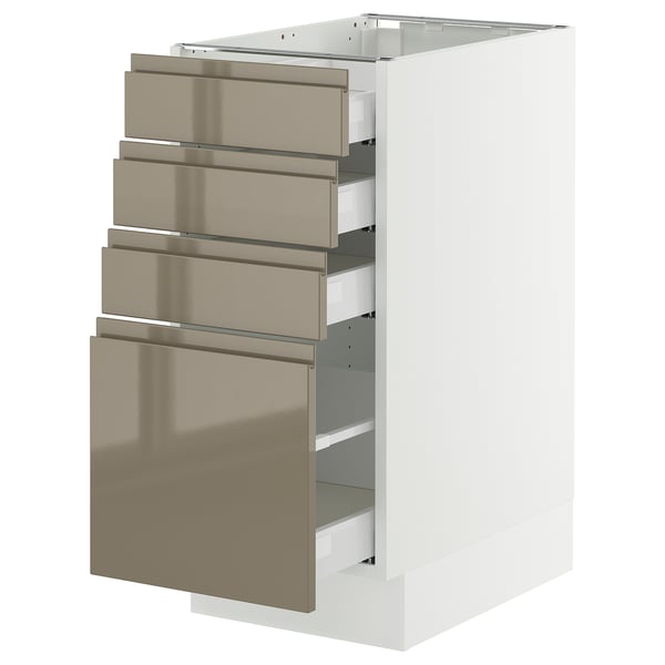 SEKTION / MAXIMERA Gabinete bajo+4 cajones, blanco/Voxtorp marrón grisáceo oscuro alto brillo, 15x24x30 "