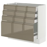 SEKTION / MAXIMERA Gabinete bajo+4 cajones, blanco/Voxtorp marrón grisáceo oscuro alto brillo, 36x15x30 "