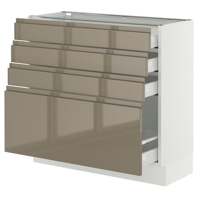 SEKTION / MAXIMERA Gabinete bajo+4 cajones, blanco/Voxtorp marrón grisáceo oscuro alto brillo, 36x15x30 "