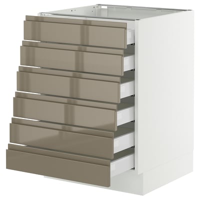 SEKTION / MAXIMERA Gabinete bajo+6 frentes/6 cajones, blanco/Voxtorp marrón grisáceo oscuro alto brillo, 24x24x30 "