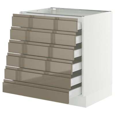 SEKTION / MAXIMERA Gabinete bajo+6 frentes/6 cajones, blanco/Voxtorp marrón grisáceo oscuro alto brillo, 30x24x30 "