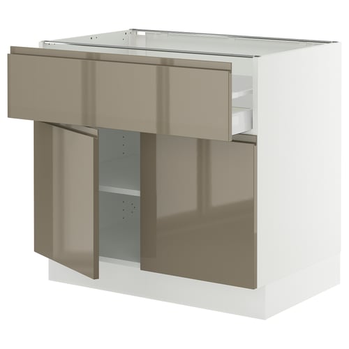 SEKTION / MAXIMERA Gabinete bajo+cajón/2 puertas, blanco/Voxtorp marrón grisáceo oscuro alto brillo, 36x24x30 "